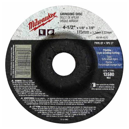 Milwaukee® 49-94-4505 Type 27 Reinforced Cut-Off Wheel, 4-1/2 in Dia x 0.045 in THK, 7/8 in Center Hole, 60 Grit, Aluminum Oxide Abrasive